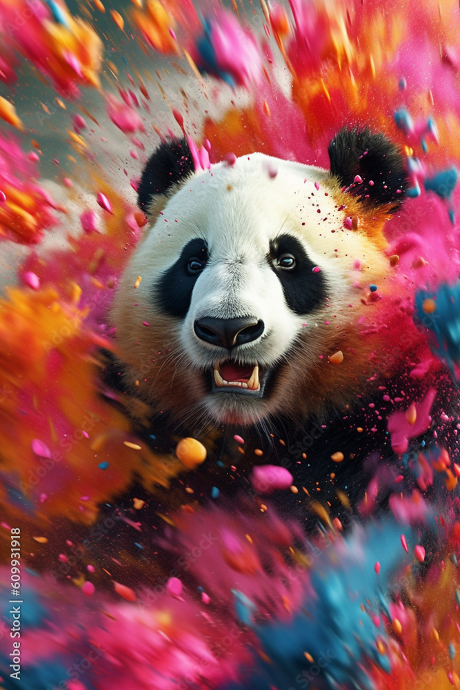 Poster an abstract surreal photograph of a panda splashed in bright paint, contemporary colors and mood soc