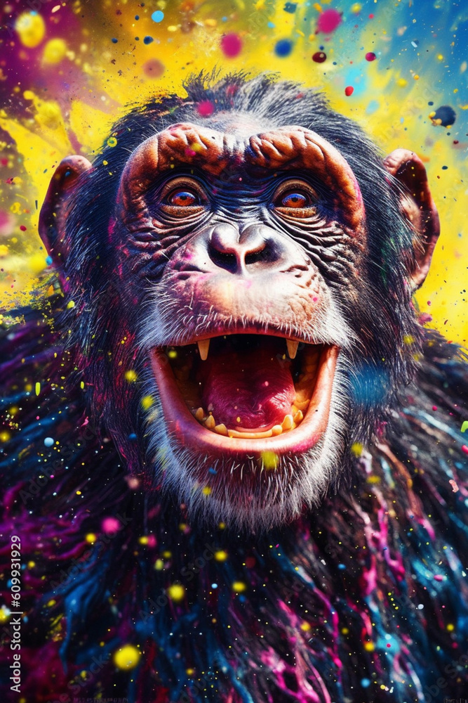 Poster an abstract surreal photograph of a chimpanzee splashed in bright paint, contemporary colors and moo