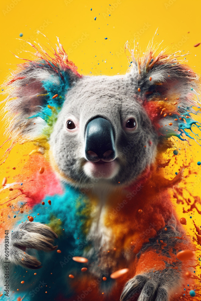Poster an abstract surreal photograph of a koala splashed in bright paint, contemporary colors and mood soc