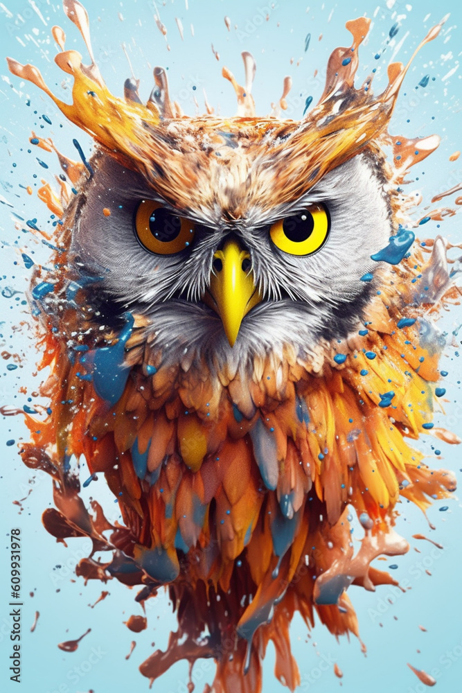 Poster an abstract surreal photograph of a owl splashed in bright paint, contemporary colors and mood socia