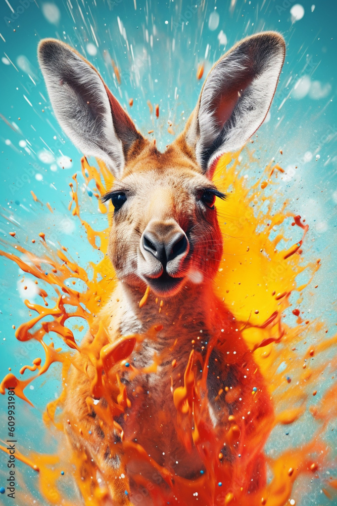 Aufkleber an abstract surreal photograph of a kangaroo splashed in bright paint, contemporary colors and mood 