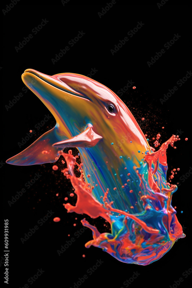 Poster an abstract surreal photograph of a dolphin splashed in bright paint, contemporary colors and mood s