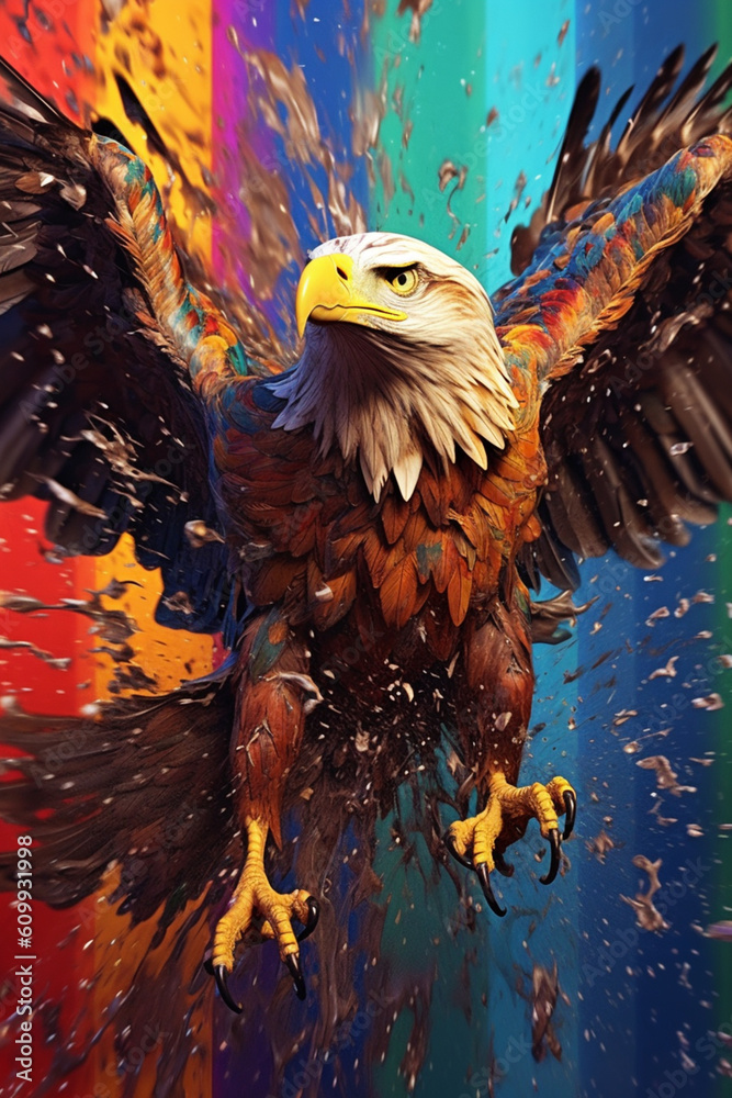 Poster an abstract surreal photograph of a eagle splashed in bright paint, contemporary colors and mood soc