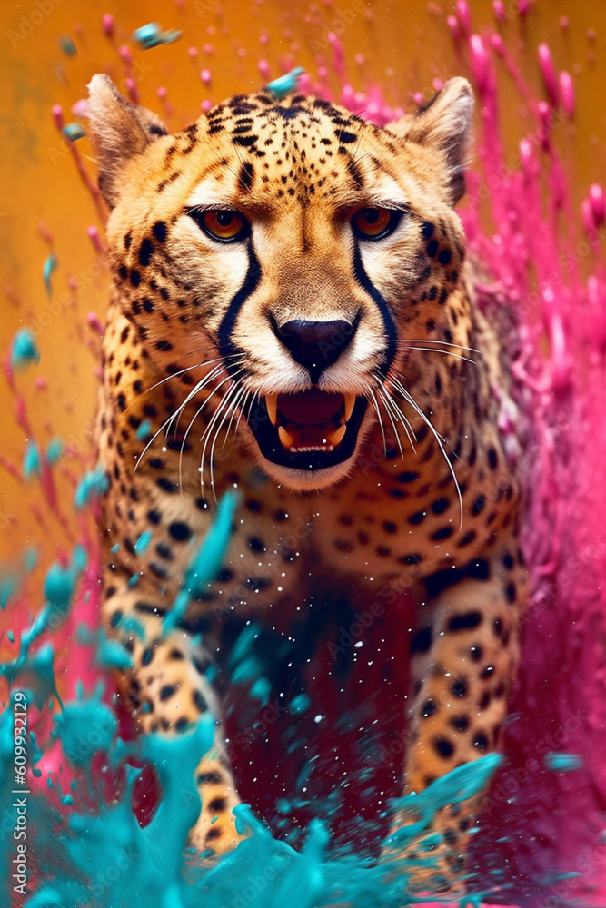 Aufkleber an abstract surreal photograph of a cheetah splashed in bright paint, contemporary colors and mood s