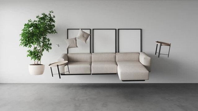 Frame by frame 3D animation interior living room with flying furniture sofa, coffee tables with decor, white decorative pillows .Empty white frame for art on wall. Levitating furniture in the interior