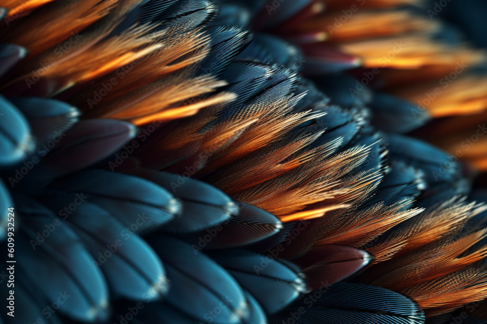 Poster A macro photograph of feather barbs and vanes, showcasing the intricate details and unique textures of feathers up close,  Generative AI technology.
