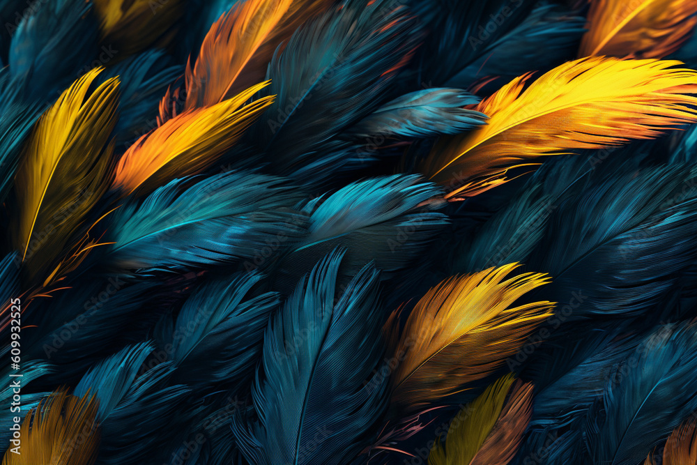 Poster a high-contrast feather background pattern texture, with dark feathers against a bright and vibrant 