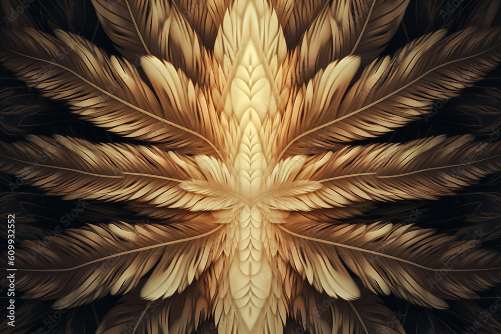 Aufkleber A symmetrical feather background pattern texture, with feathers mirrored and repeated to create a balanced and harmonious composition.  Generative AI technology.