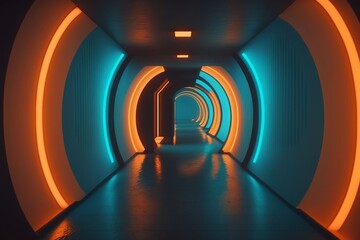 Neon Glowing Blue Orange Cyber Retro Sci Fi Futuristic Concrete Glossy Grunge Tunnel Underground Corridor, Generative ai