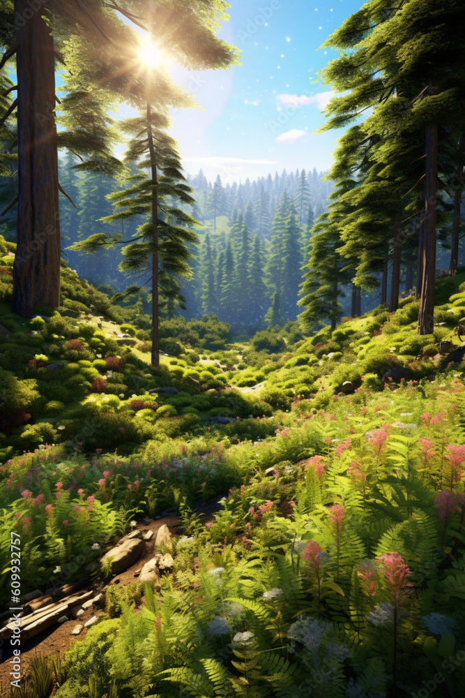 Poster an illustration of a lush and vibrant forest, emphasizing the beauty and significance of earth's eco