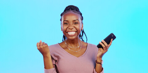Wow, happy and excited black woman with phone receiving email news of bonus, promotion or...