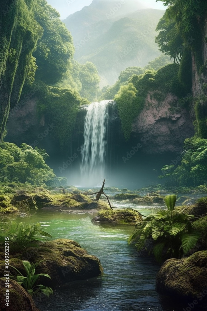 Aufkleber a tranquil image of a misty waterfall surrounded by lush green vegetation, creating an atmosphere of