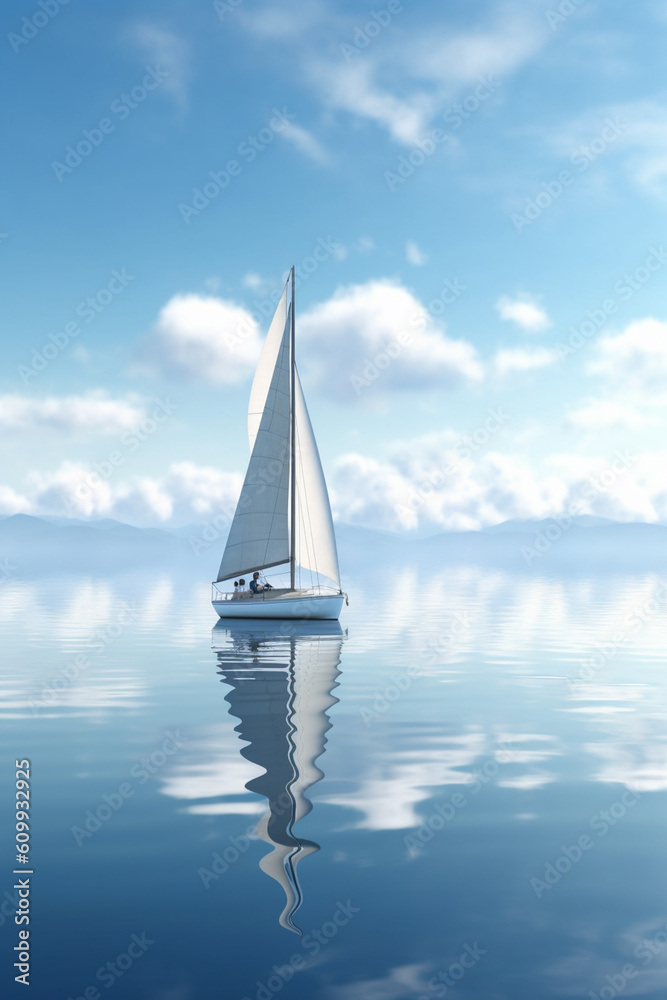 Poster a sailboat gliding across a tranquil lake, propelled by a gentle breeze, representing the harmony between wind and water.  Generative AI technology.