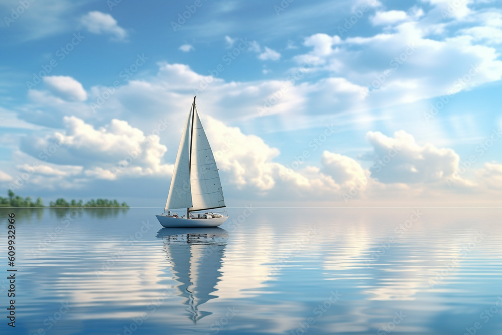 Poster a sailboat gliding across a tranquil lake, propelled by a gentle breeze, representing the harmony be