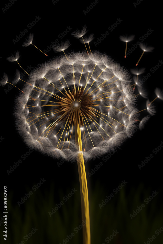 Aufkleber wind-blown dandelion seeds floating in the air, symbolizing the fragility and dispersal of life through wind.  Generative AI technology.