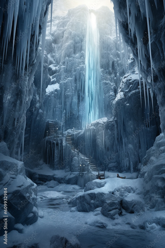 Poster a frozen waterfall, with icicles suspended from its edges and the surrounding landscape covered in a