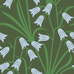 Vector seamless pattern with flowers of bell on a green background.