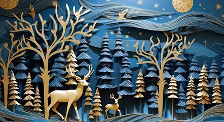 Deer with the Christmas 4d paper forest and deer wall in the night with stars