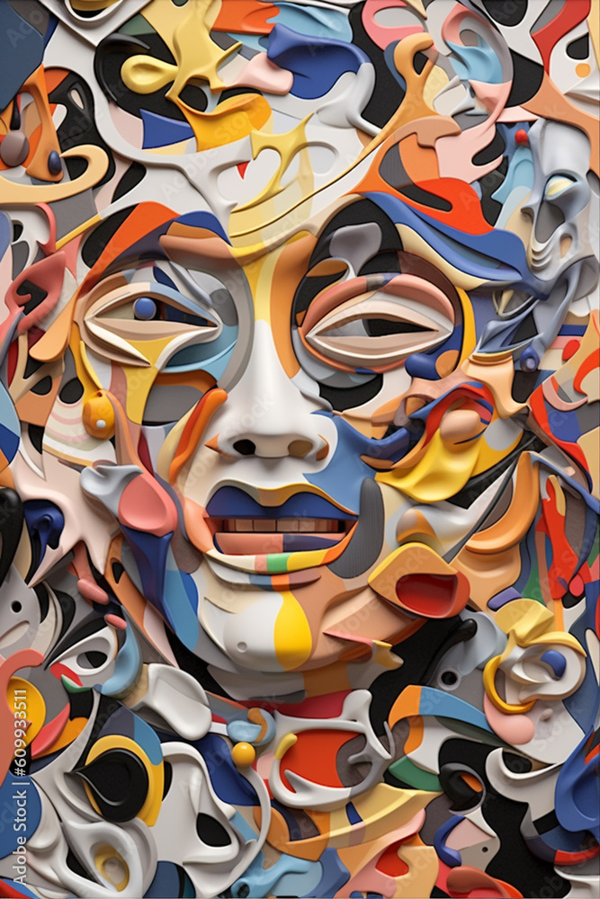 Poster An abstract painting featuring distorted figures and fragmented shapes, evoking a sense of disorientation and introspection.  Generative AI technology.