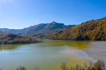 Aerial view of the industrial decanting lake at Geamana in Romania. Copper mining residuals polluting the environment