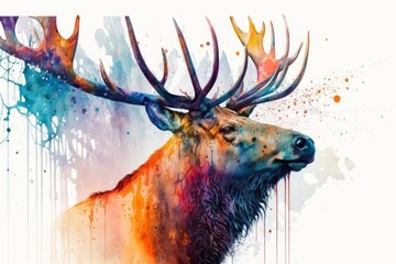 watercolor painting of a bull elk in the forest palette knife drawing, Generative ai