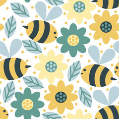 Seamless vector pattern with bees collecting honey in the meadow. - 609934108