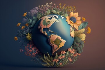 Flat lay illustration of planet Earth created from flowers, Generative ai