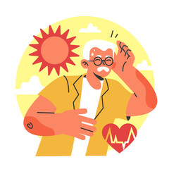 Heat stroke. Senior male character suffering from hot summer sun.