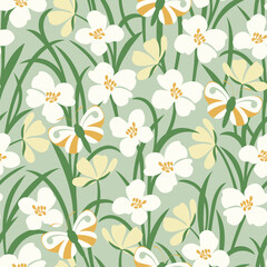 Vector seamless pattern with white wildflowers and butterflies in the meadow. - 609934979
