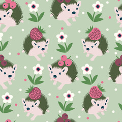 Seamless vector pattern with cute hedgehogs, berries and flowers. - 609935159