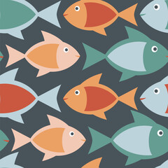 Vector seamless pattern with bright fish in the deep water.