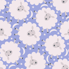 Vector seamless pattern for sweet dream bedding and clothes with funny sheep, stars and moons.