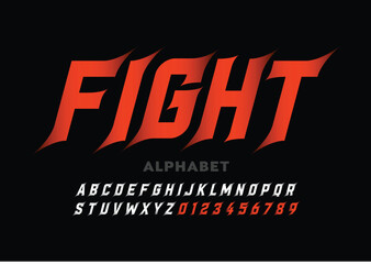 Fight sport style font, alphabet vector template with letters and numbers logo design
