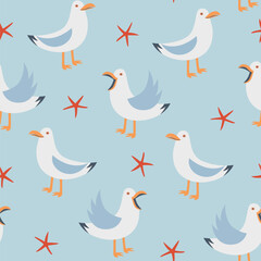 Vector seamless pattern with funny seagulls and starfishes. - 609935747