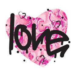 Graffiti-style Love inscription in black paint on a pink heart background with a psychedelic background