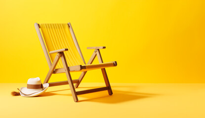 Yellow beach deckchair on yellow background for summer vacation concept , Photo by AI generative.