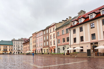  Vintage houses at Square Small Market (Maly Rynek) in downtown in Krakow, Poland