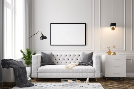 Modern  interior design of open space living room with modular furniture include sofa, pillows, tropical plants , lamp and blank photo frame , Photo by AI generative technology.