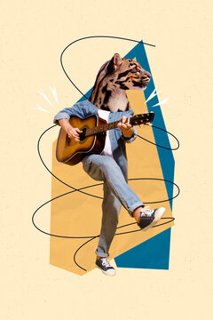 Vertical composite photo collage of weird headless guitarist animal instead of head dancing play song isolated yellow color background