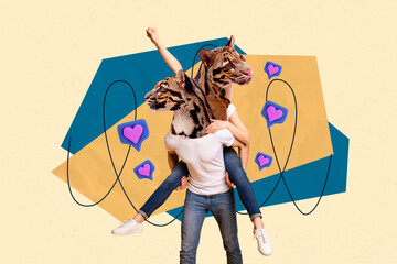 Photo of two animals collage illustration happy ride hands hold piggyback head tigers wife husband...