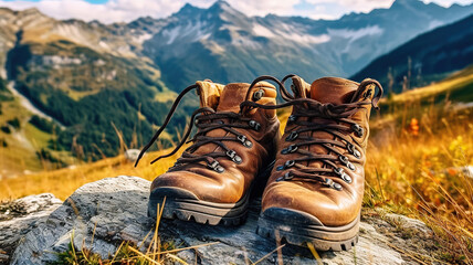 hiking boots with mountain scenery in the mountains. Generative Ai