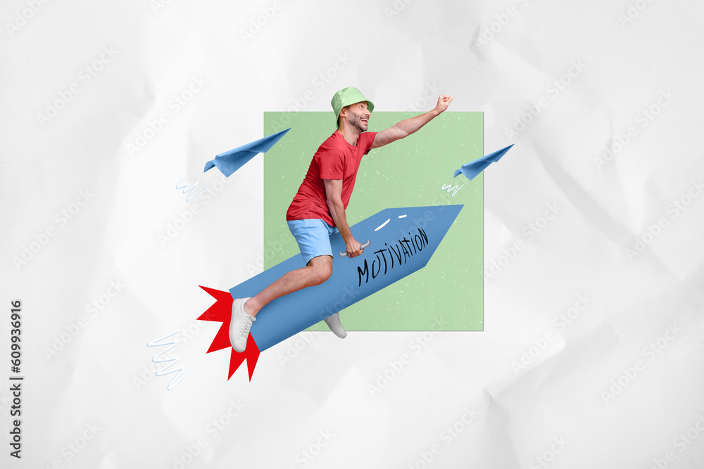 Sticker collage portrait of determined positive mini guy flying motivation rocket paper planes isolated on c