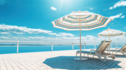 Summer vacation at poolside. Veranda decorated with deck chairs and umbrella with an ocean view with blue sky at sunny day. Generative Ai