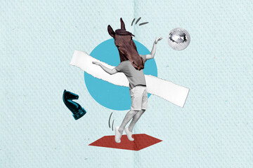 Collage picture of black white effect guy horse head dancing disco ball knight chess figure...