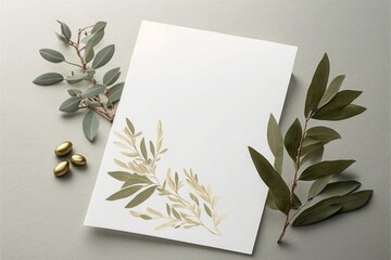 Blank Wedding invitation card mockup with natural olive twigs, Generative ai