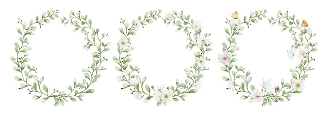Set of watercolor wreaths with flowers leaves and butterflies