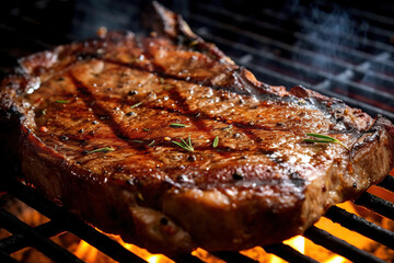 Close-up image of a t-bone steak on a bbq.
