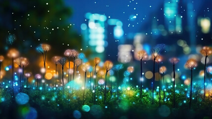 Fototapeta premium Abstract bokeh night garden in city background. Generative Ai