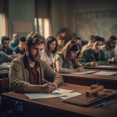 students in class session studying and taking notes - obrazy, fototapety, plakaty