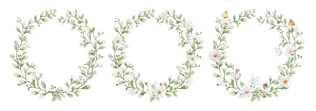 Set of watercolor wreaths with flowers leaves and butterflies